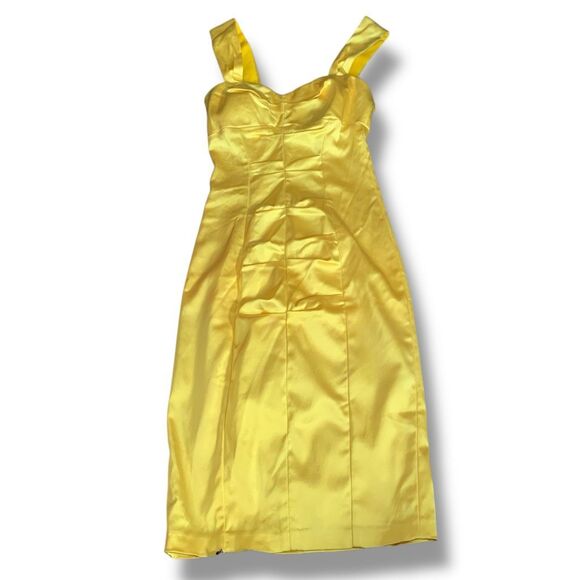 Vintage 90s Cache Dress Yellow Satin Ruched Wiggle Sleeveless Sweetheart Neck - Picture 5 of 10